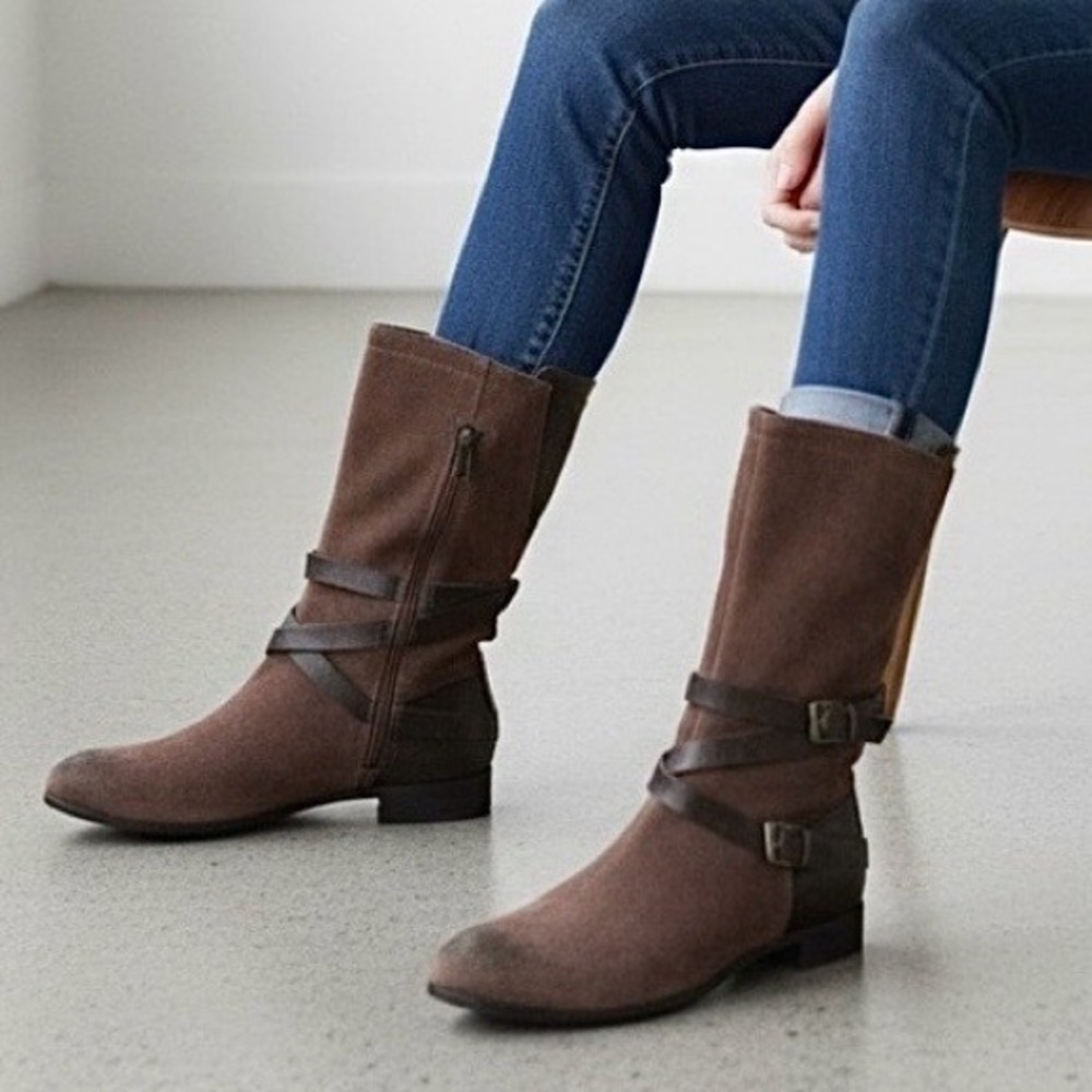 UGG Women Genuine Suede Buckle Strap Moto Boots Brown Size Unknown